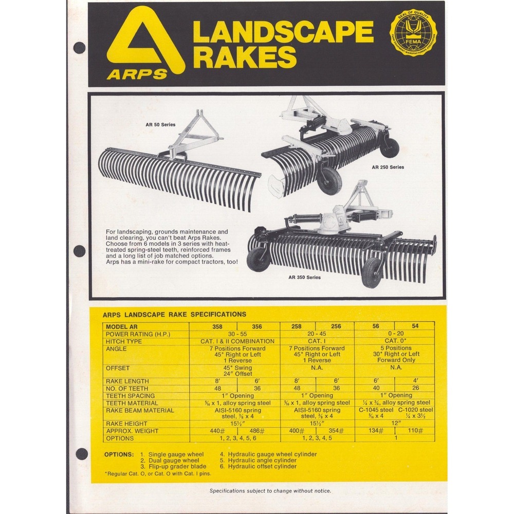 Vintage 1978 Arps Landscape Rakes Sales Brochure Chromalloy Farm Equipment Specs